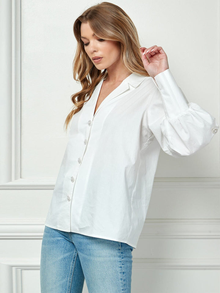 WOMEN'S LONG SLEEVE BUTTON CLOSURE FLOWER DETAILED BLOUSE TOP