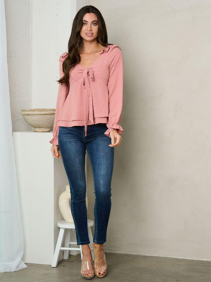 WOMEN'S LONG SLEEVE RUFFLE SMOCK SWISS DOT TOP