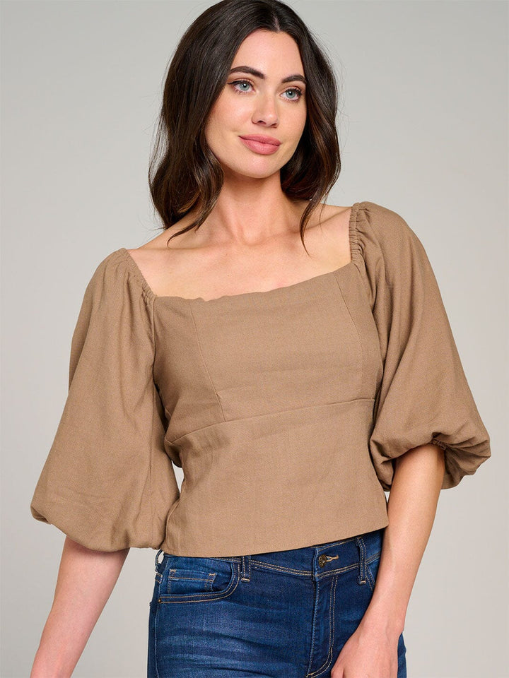 WOMEN'S SHORT PUFF SLEEVE SQUARE NECK OPEN BACK TOP
