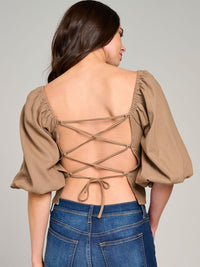 WOMEN'S SHORT PUFF SLEEVE SQUARE NECK OPEN BACK TOP