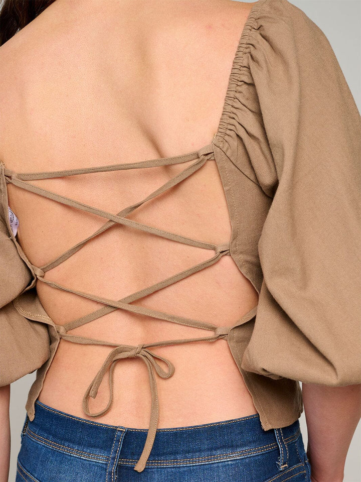 WOMEN'S SHORT PUFF SLEEVE SQUARE NECK OPEN BACK TOP