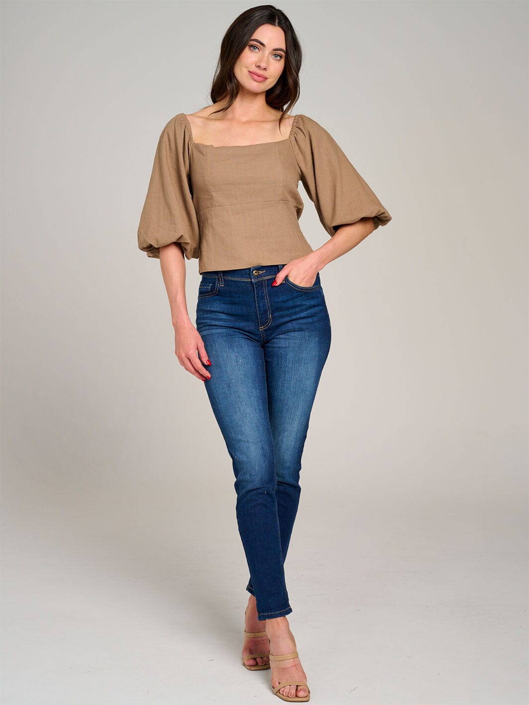 WOMEN'S SHORT PUFF SLEEVE SQUARE NECK OPEN BACK TOP