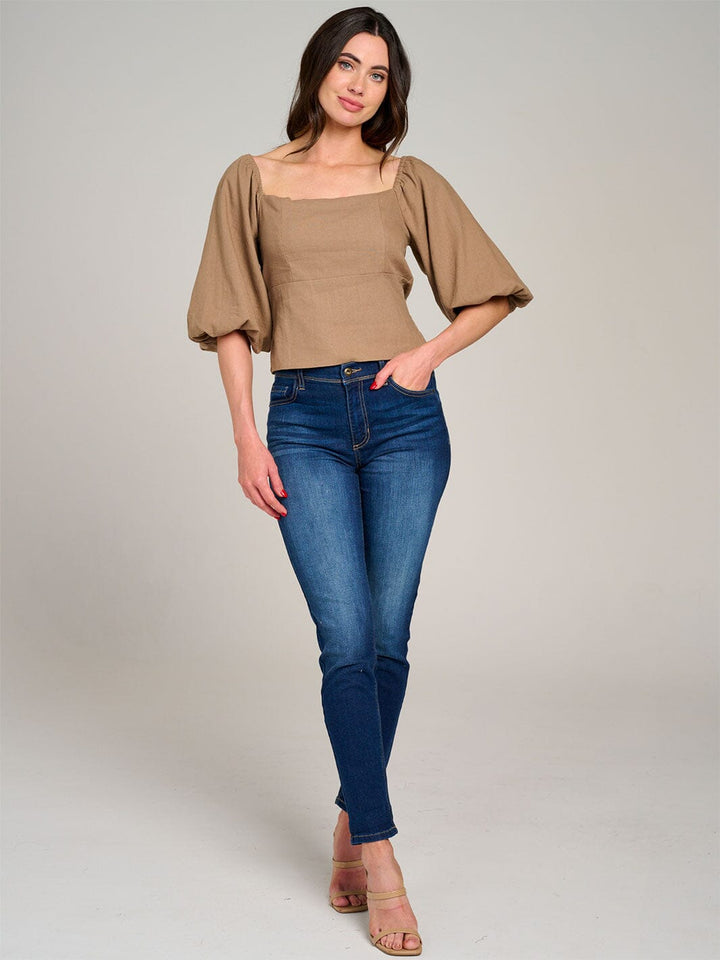 WOMEN'S SHORT PUFF SLEEVE SQUARE NECK OPEN BACK TOP