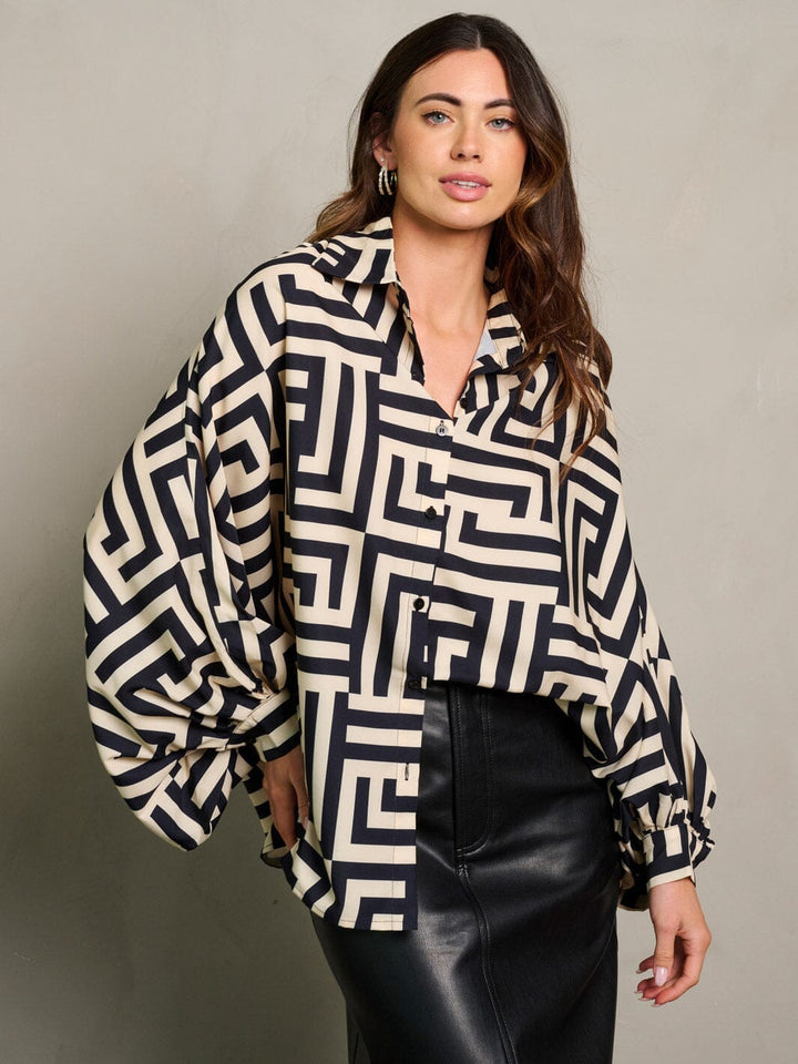 WOMEN'S LONG DRAPE SLEEVE BUTTON UP PRINTED BLOUSE TOP