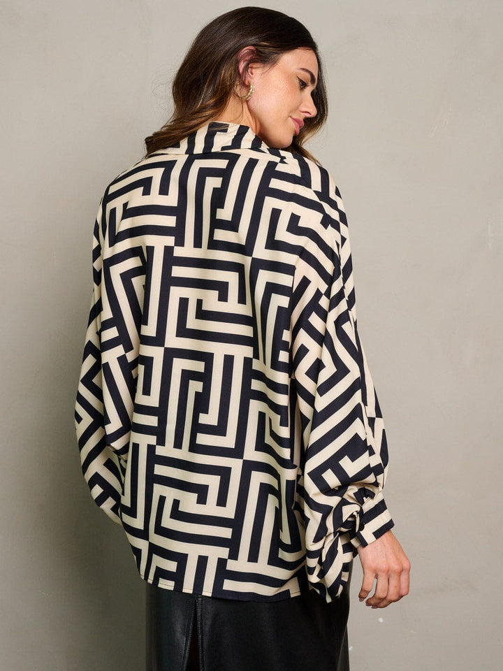 WOMEN'S LONG DRAPE SLEEVE BUTTON UP PRINTED BLOUSE TOP