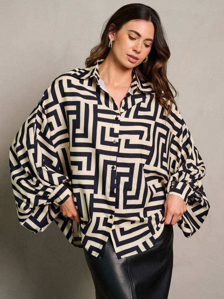 WOMEN'S LONG DRAPE SLEEVE BUTTON UP PRINTED BLOUSE TOP