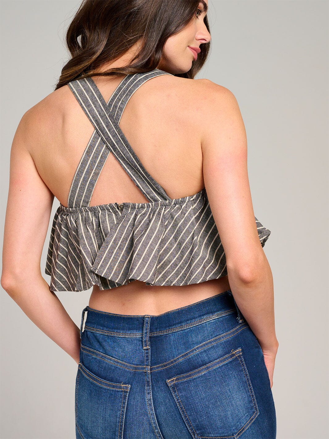 WOMEN'S SLEEVELESS OPEN BACK STRIPES CROP TOP