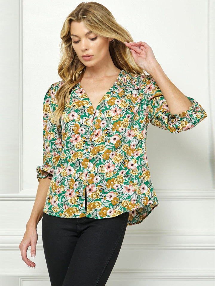 WOMEN'S 3/4 SLEEVE BUTTON CLOSURE FLORAL BLOUSE TOP