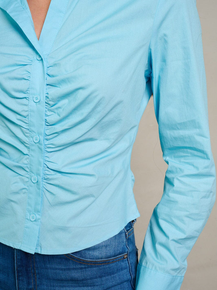 WOMEN'S LONG SLEEVE BUTTON CLOSURE RUCHED BLOUSE TOP