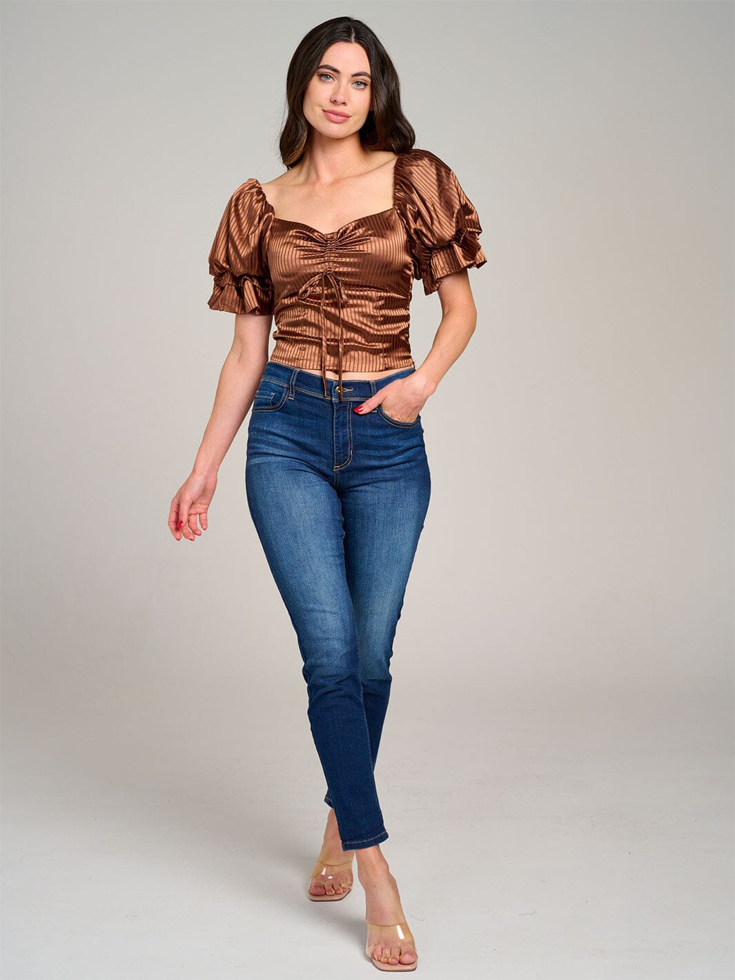 WOMEN'S SHORT PUFF SLEEVE RUCHED SMOCK TOP