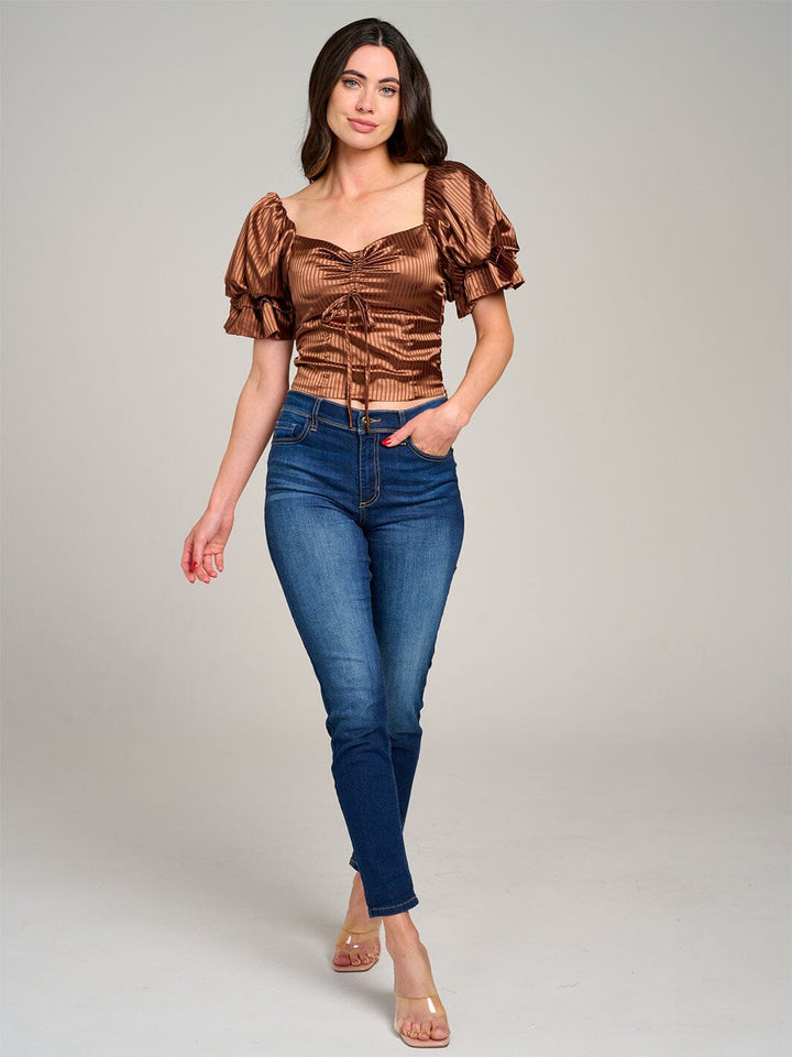 WOMEN'S SHORT PUFF SLEEVE RUCHED SMOCK TOP