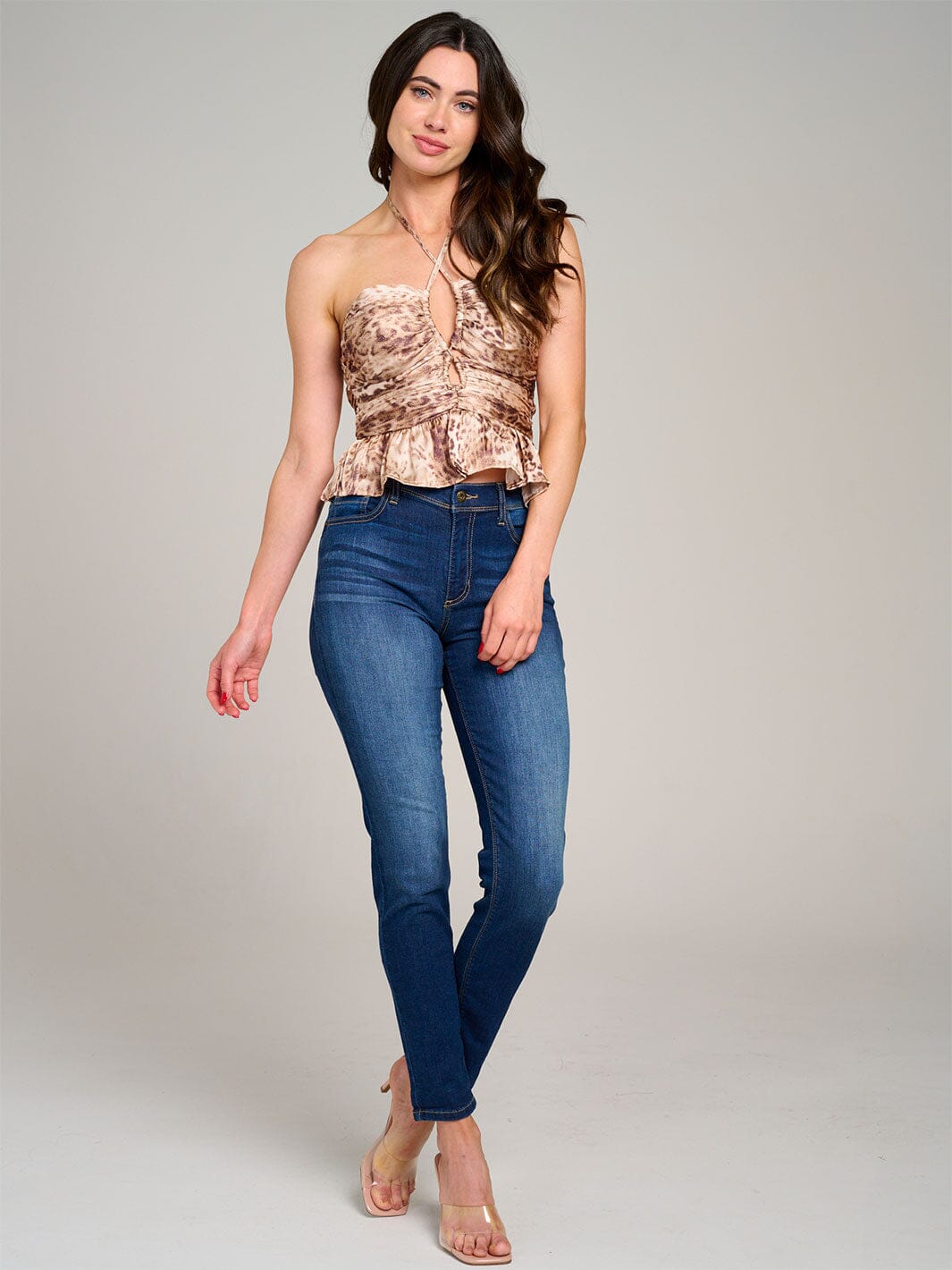 WOMEN'S SLEEVELESS HALTER NECK OPEN BACK CUT OUT ANIMAL PRINT TOP