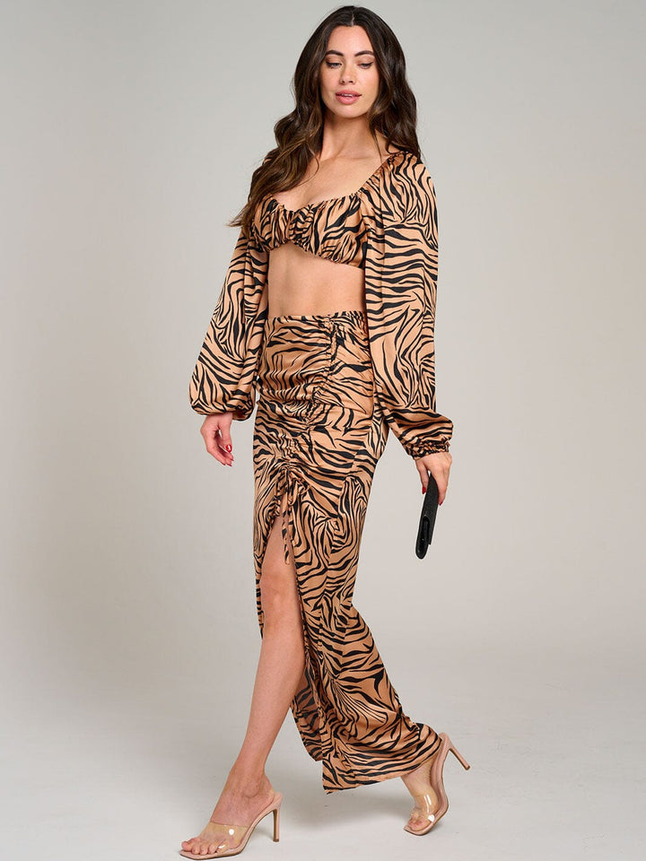 WOMEN'S LONG SLEEVE CROP TOP & RUCHED SLIT MAXI SKIRT PRINTED 2PC. SET