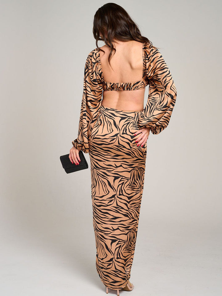 WOMEN'S LONG SLEEVE CROP TOP & RUCHED SLIT MAXI SKIRT PRINTED 2PC. SET