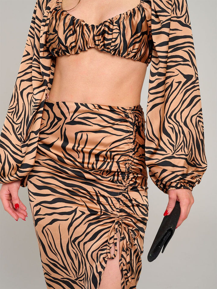 WOMEN'S LONG SLEEVE CROP TOP & RUCHED SLIT MAXI SKIRT PRINTED 2PC. SET