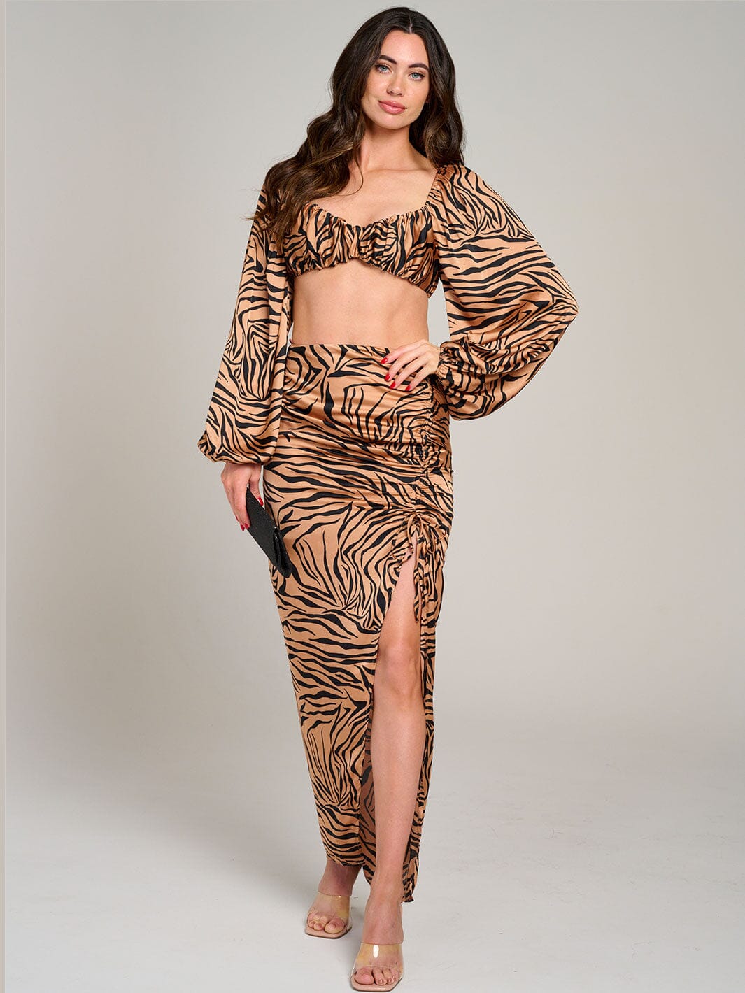 WOMEN'S LONG SLEEVE CROP TOP & RUCHED SLIT MAXI SKIRT PRINTED 2PC. SET