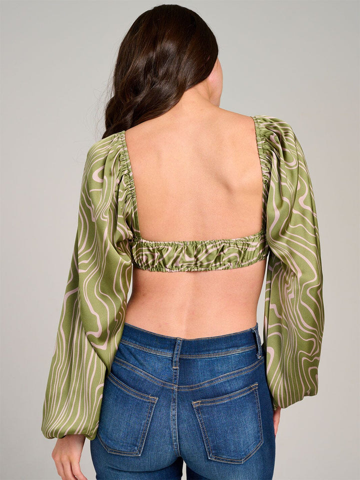 WOMEN'S LONG SLEEVE OPEN BACK PRINTED CROP TOP