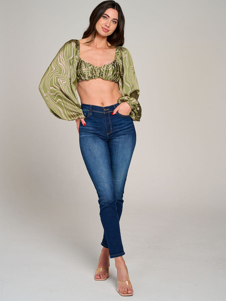 WOMEN'S LONG SLEEVE OPEN BACK PRINTED CROP TOP