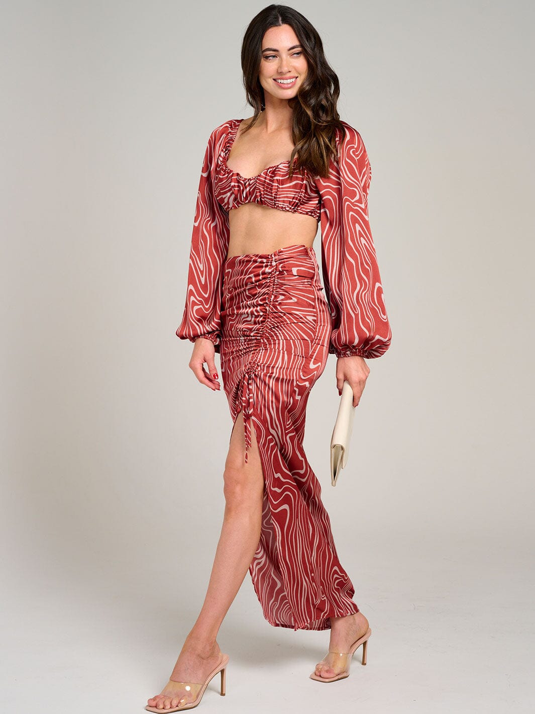 WOMEN'S LONG SLEEVE CROP TOP & RUCHED SLIT MAXI SKIRT PRINTED 2PC. SET