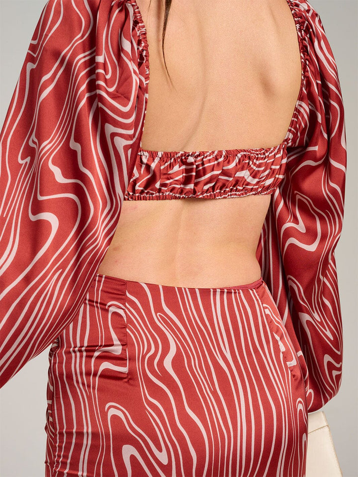 WOMEN'S LONG SLEEVE OPEN BACK PRINTED CROP TOP