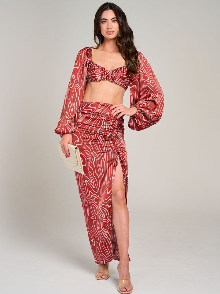 WOMEN'S LONG SLEEVE CROP TOP & RUCHED SLIT MAXI SKIRT PRINTED 2PC. SET