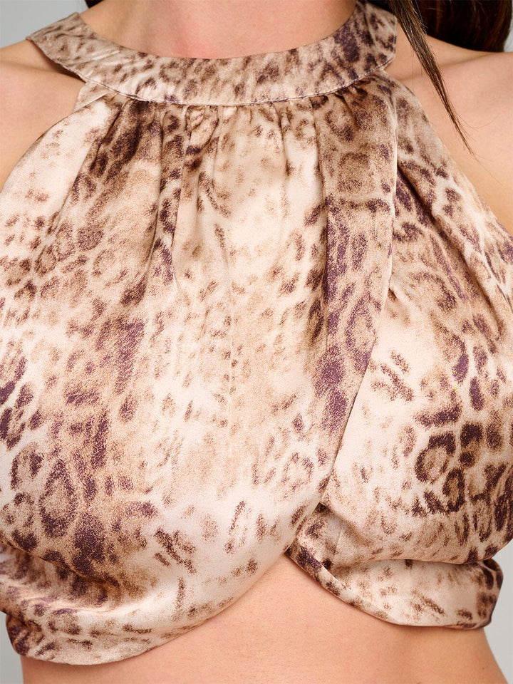 WOMEN'S SLEEVELESS HALTER NECK OPEN BACK PRINTED CROP TOP