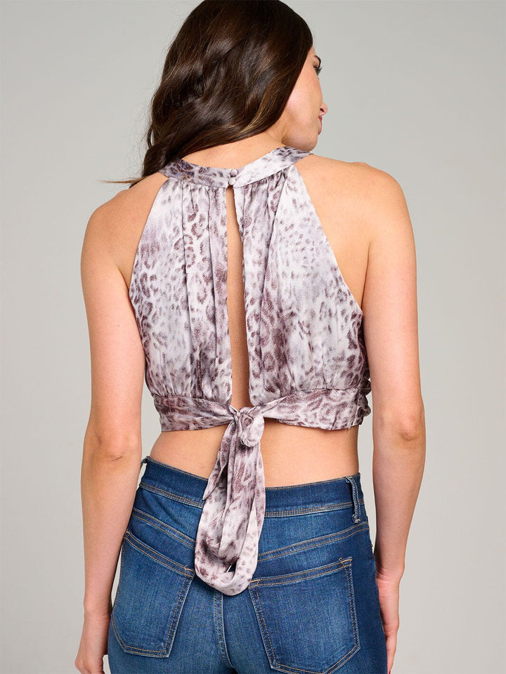 WOMEN'S SLEEVELESS HALTER NECK OPEN BACK PRINTED CROP TOP