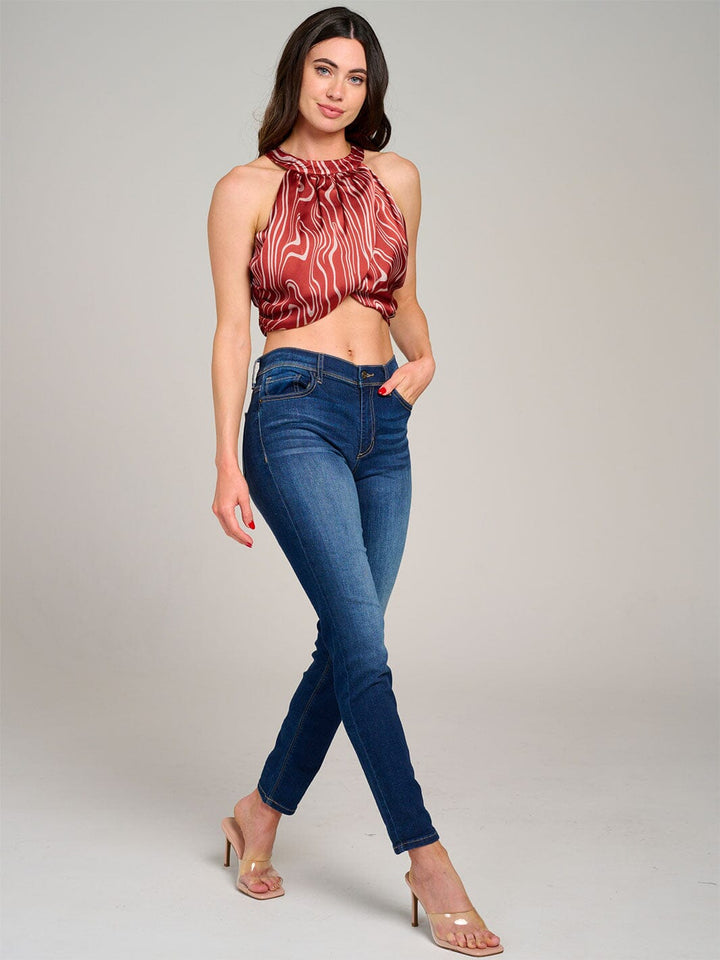 WOMEN'S SLEEVELESS HALTER NECK OPEN BACK PRINTED CROP TOP