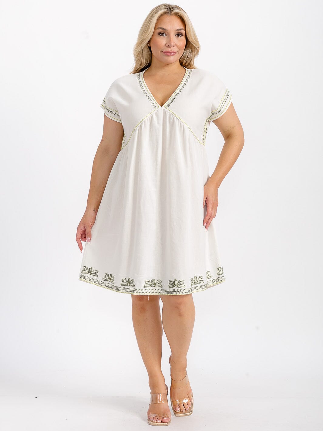 PLUS SIZE SHORT SLEEVE V-NECK TUNIC STITCHED DETAILED LINEN MINI DRESS