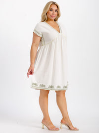 PLUS SIZE SHORT SLEEVE V-NECK TUNIC STITCHED DETAILED LINEN MINI DRESS