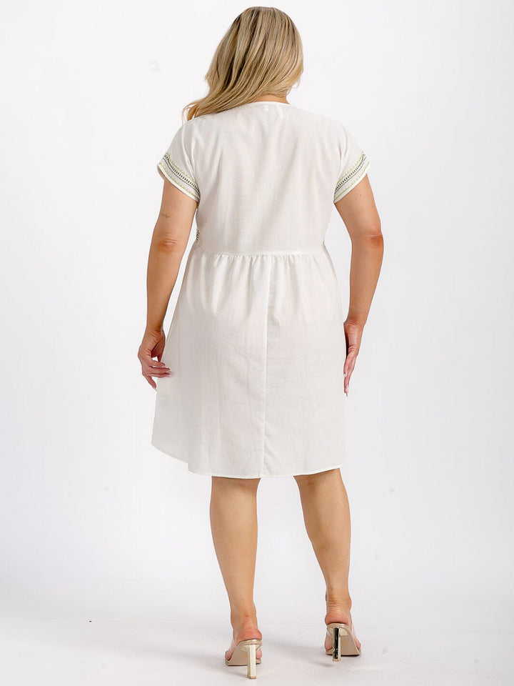 PLUS SIZE SHORT SLEEVE V-NECK TUNIC STITCHED DETAILED LINEN MINI DRESS