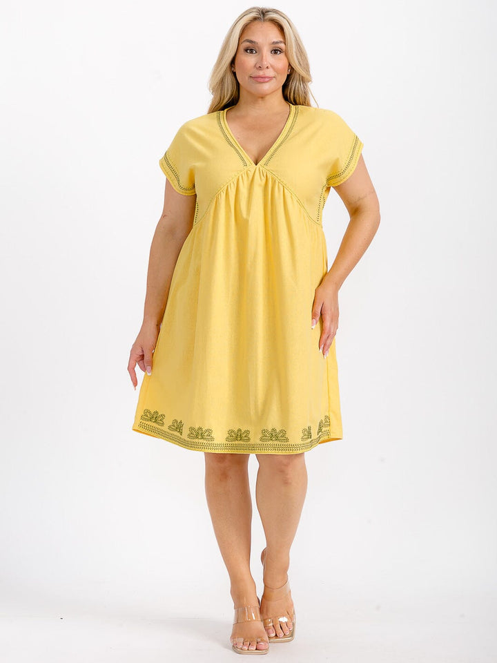 PLUS SIZE SHORT SLEEVE V-NECK TUNIC STITCHED DETAILED LINEN MINI DRESS