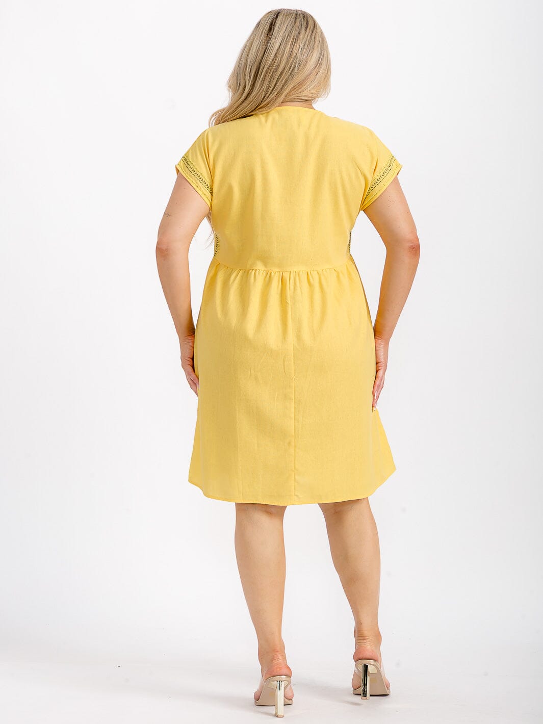 PLUS SIZE SHORT SLEEVE V-NECK TUNIC STITCHED DETAILED LINEN MINI DRESS