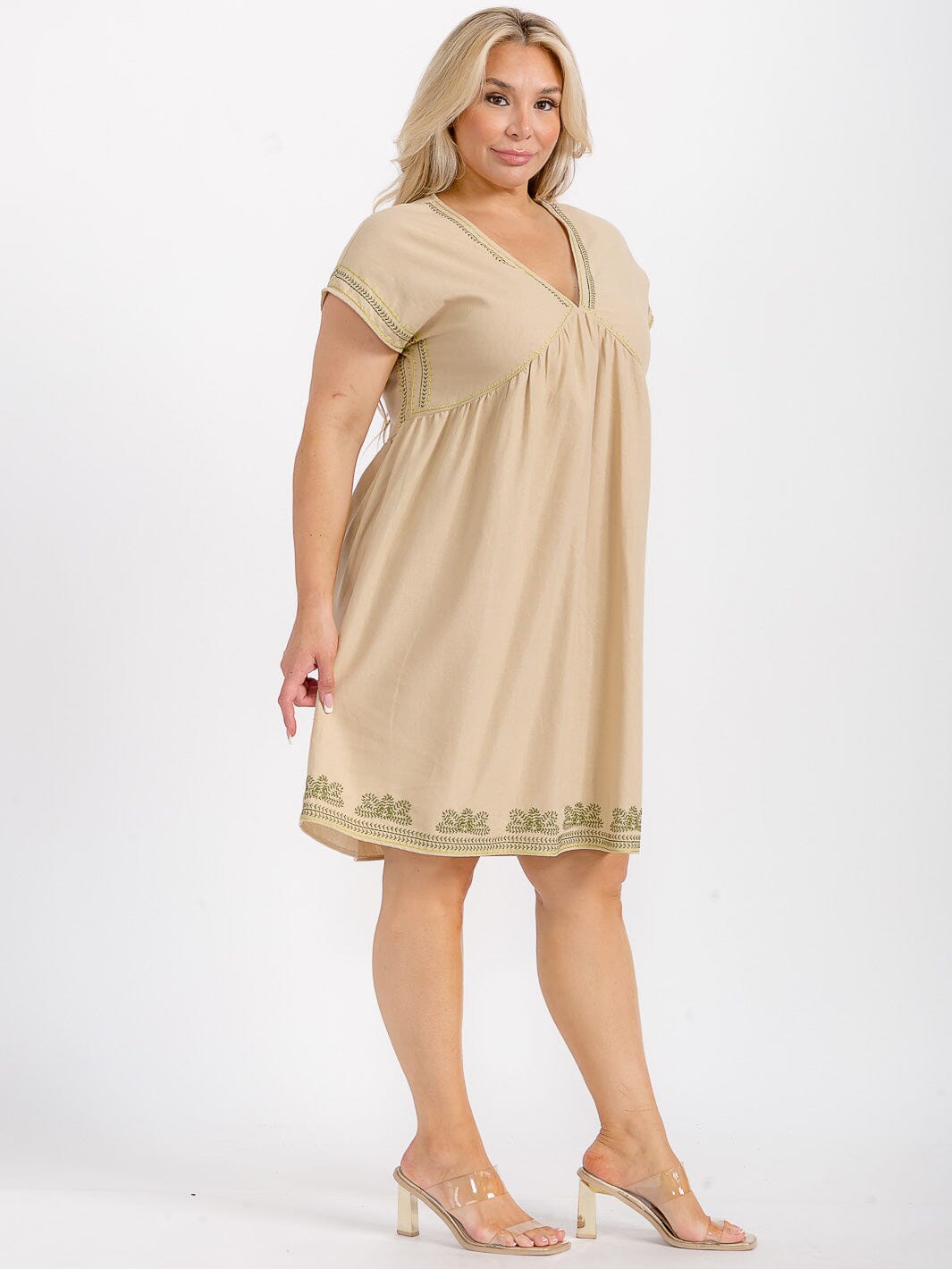 PLUS SIZE SHORT SLEEVE V-NECK TUNIC STITCHED DETAILED LINEN MINI DRESS
