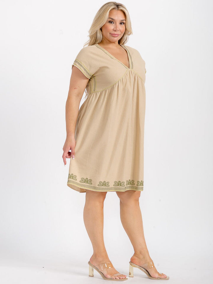 PLUS SIZE SHORT SLEEVE V-NECK TUNIC STITCHED DETAILED LINEN MINI DRESS