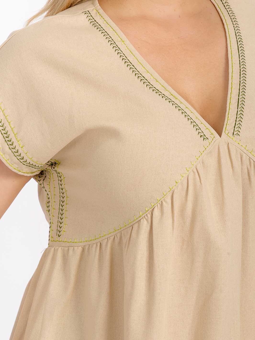 PLUS SIZE SHORT SLEEVE V-NECK TUNIC STITCHED DETAILED LINEN MINI DRESS
