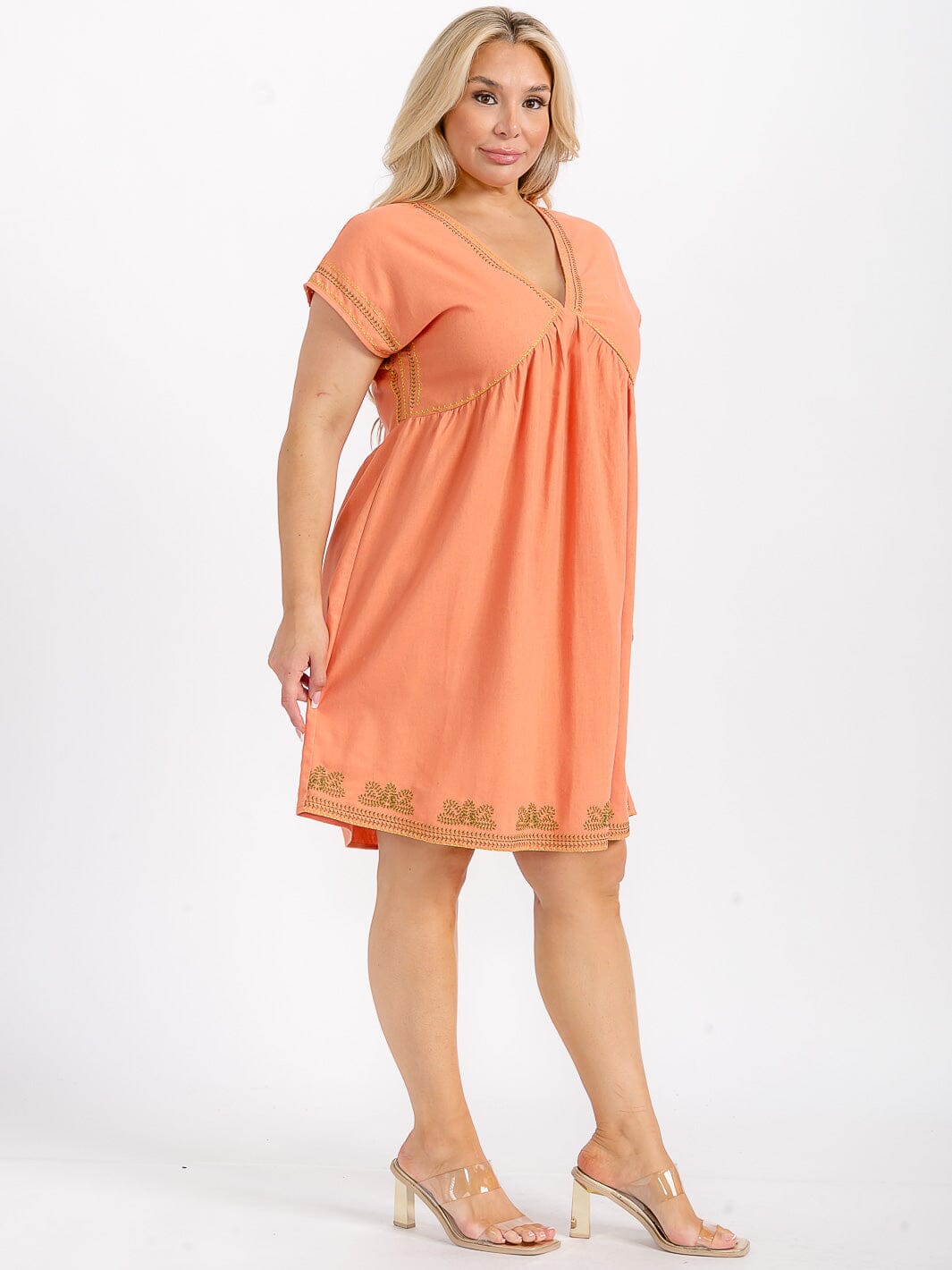 PLUS SIZE SHORT SLEEVE V-NECK TUNIC STITCHED DETAILED LINEN MINI DRESS