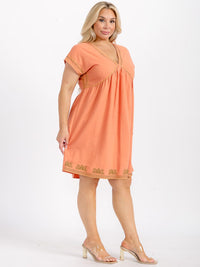PLUS SIZE SHORT SLEEVE V-NECK TUNIC STITCHED DETAILED LINEN MINI DRESS