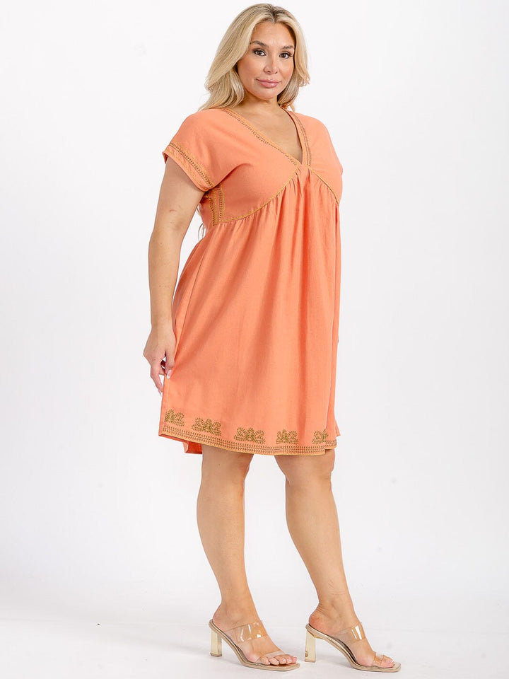 PLUS SIZE SHORT SLEEVE V-NECK TUNIC STITCHED DETAILED LINEN MINI DRESS