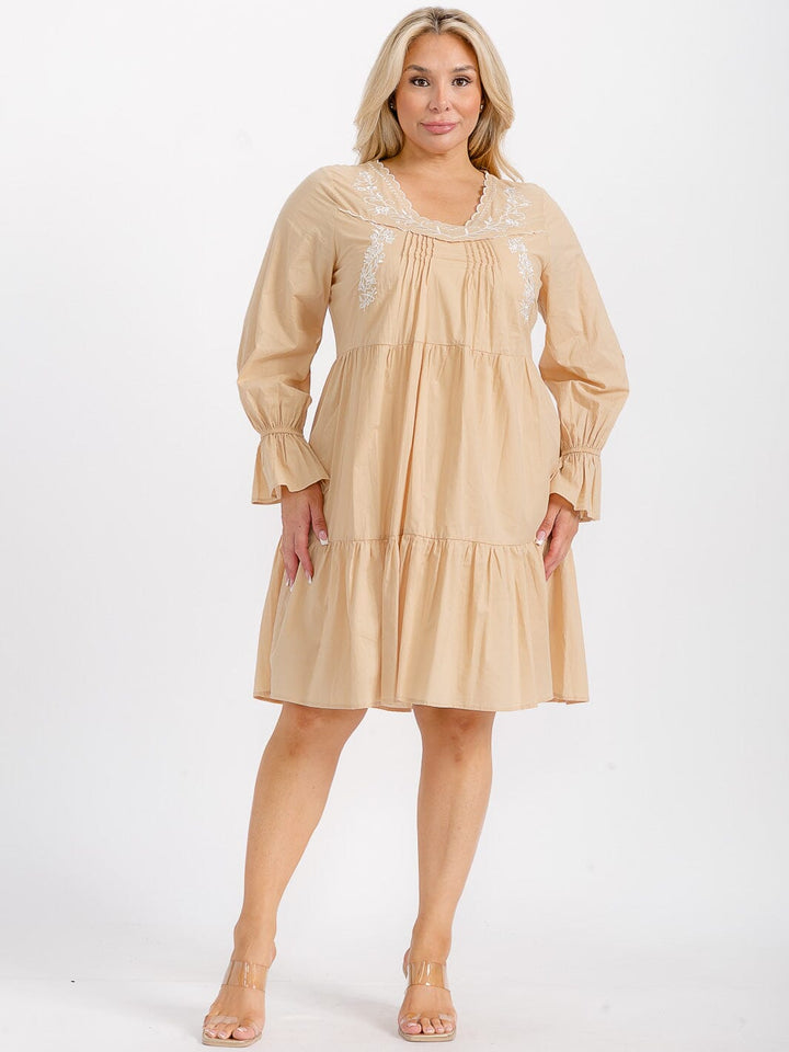 PLUS SIZE LONG SLEEVE V-NECK TUNIC TIERED LOOSE FIT FLORAL EMBROIDERY MINI DRESS