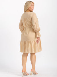 PLUS SIZE LONG SLEEVE V-NECK TUNIC TIERED LOOSE FIT FLORAL EMBROIDERY MINI DRESS