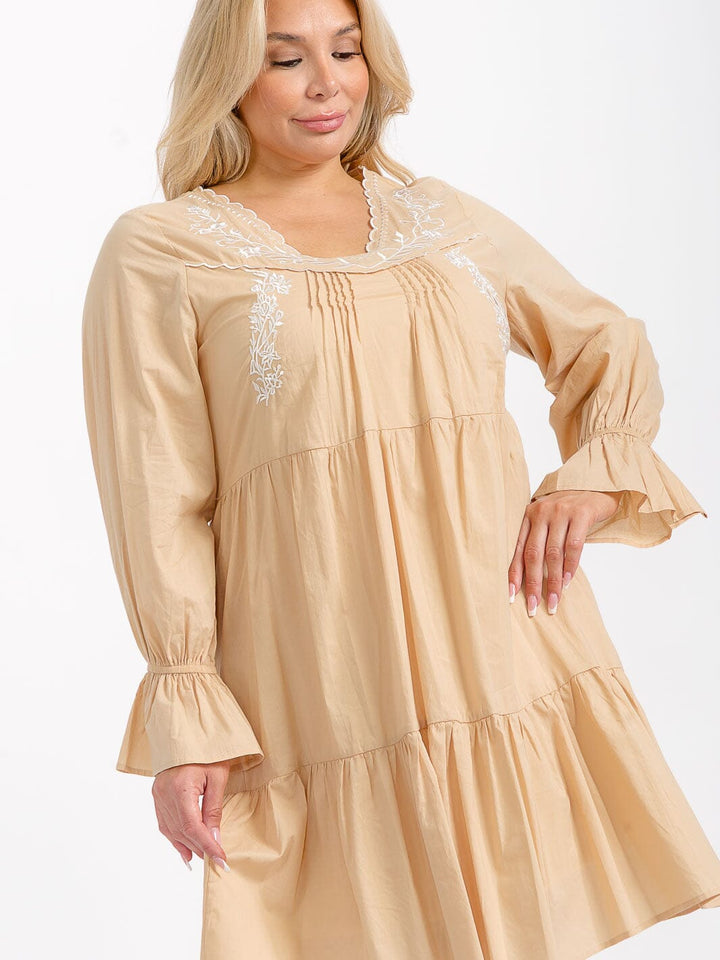 PLUS SIZE LONG SLEEVE V-NECK TUNIC TIERED LOOSE FIT FLORAL EMBROIDERY MINI DRESS