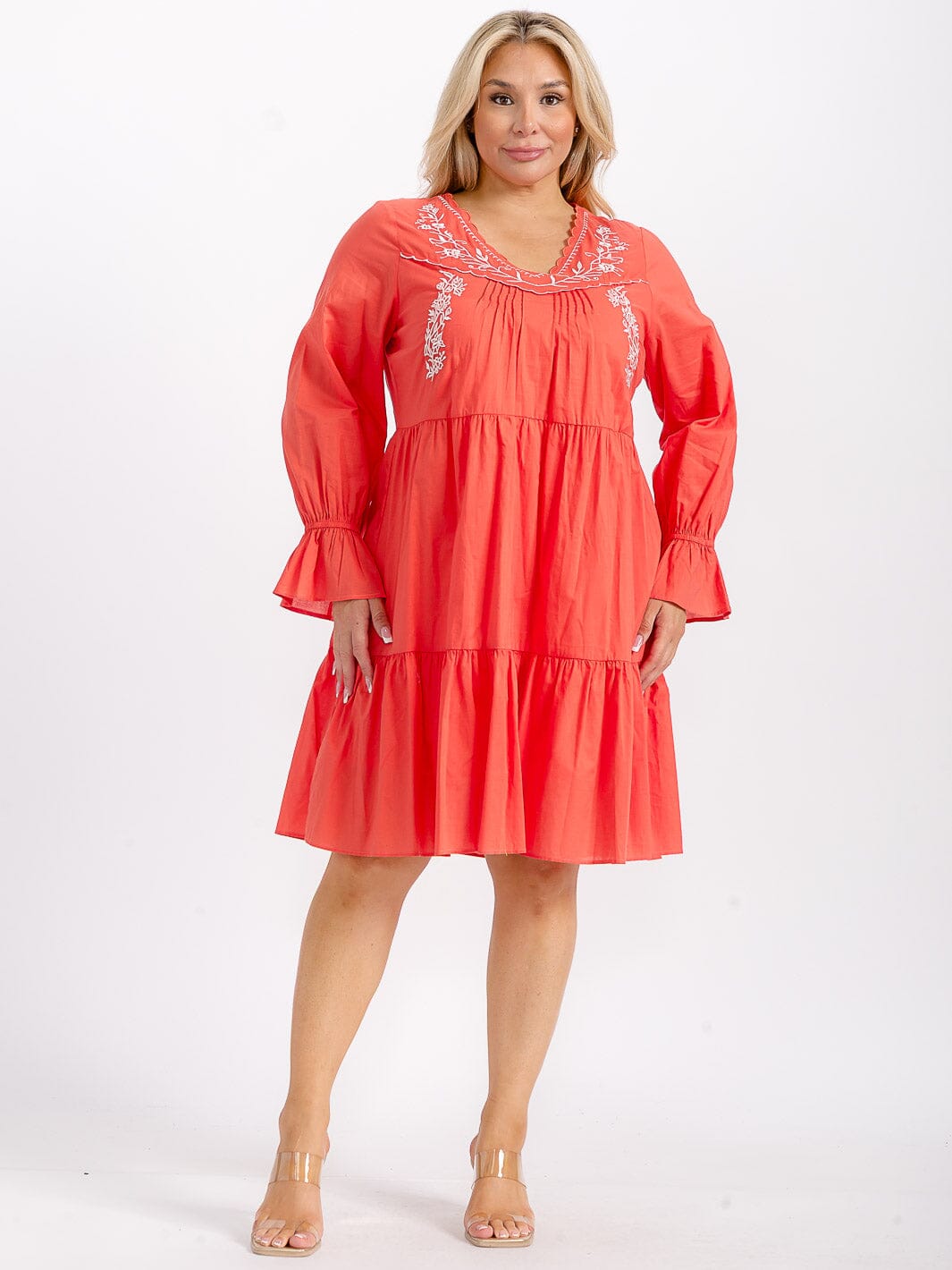 PLUS SIZE LONG SLEEVE V-NECK TUNIC TIERED LOOSE FIT FLORAL EMBROIDERY MINI DRESS