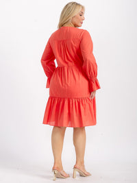 PLUS SIZE LONG SLEEVE V-NECK TUNIC TIERED LOOSE FIT FLORAL EMBROIDERY MINI DRESS