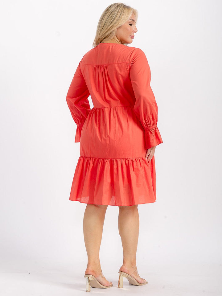 PLUS SIZE LONG SLEEVE V-NECK TUNIC TIERED LOOSE FIT FLORAL EMBROIDERY MINI DRESS
