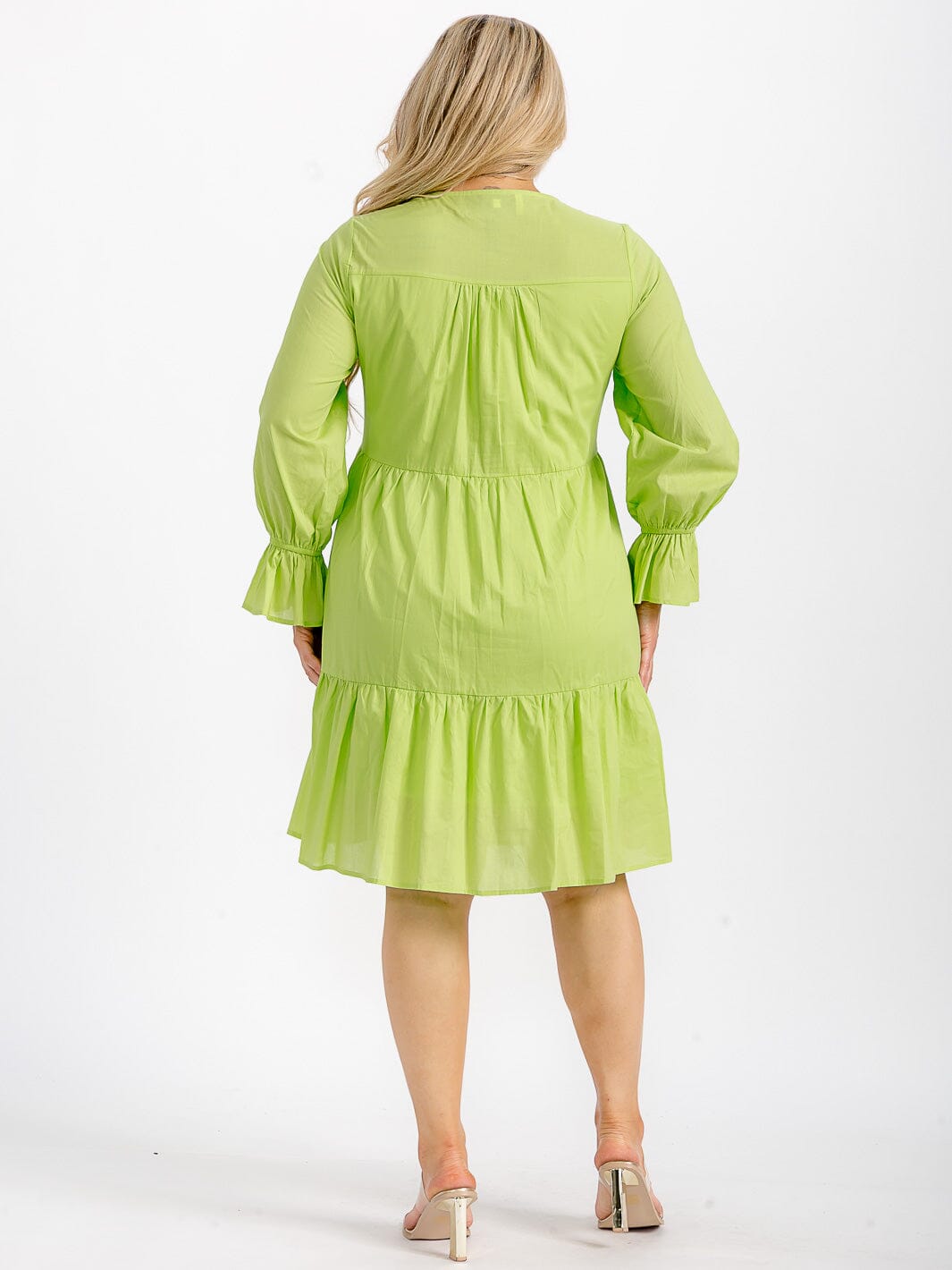 PLUS SIZE LONG SLEEVE V-NECK TUNIC TIERED LOOSE FIT FLORAL EMBROIDERY MINI DRESS