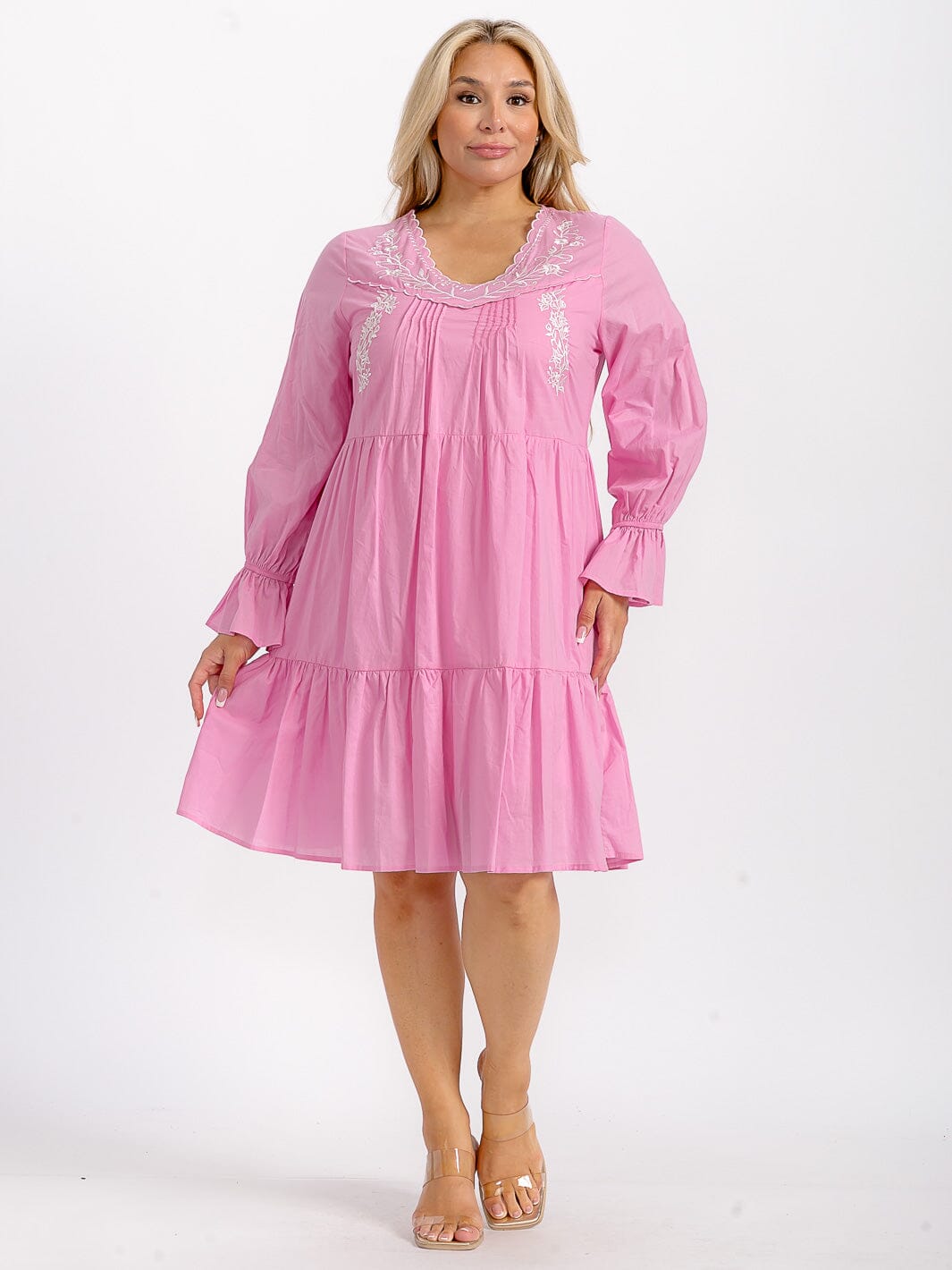 PLUS SIZE LONG SLEEVE V-NECK TUNIC TIERED LOOSE FIT FLORAL EMBROIDERY MINI DRESS