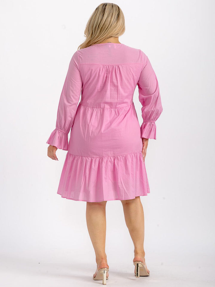 PLUS SIZE LONG SLEEVE V-NECK TUNIC TIERED LOOSE FIT FLORAL EMBROIDERY MINI DRESS