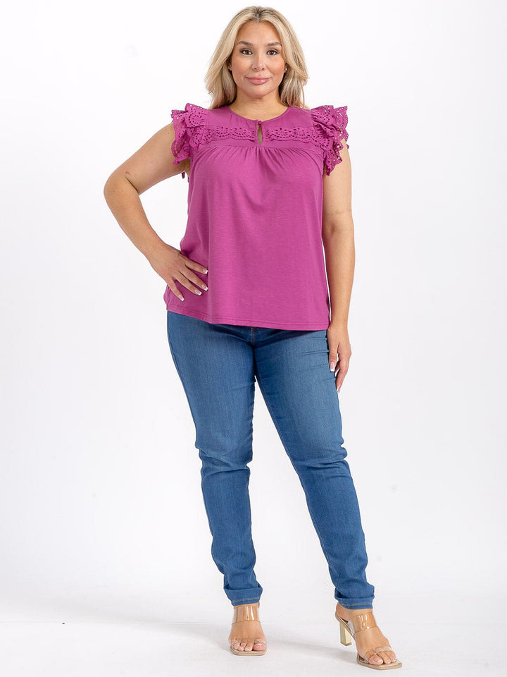 PLUS SIZE RUFFLE SLEEVES V-NECK CROCHET BLOUSE