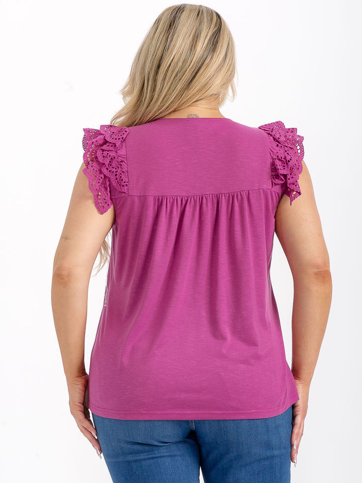 PLUS SIZE RUFFLE SLEEVES V-NECK CROCHET BLOUSE